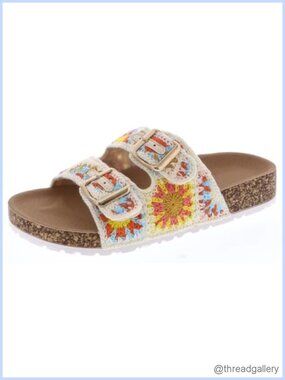 Crochet Double Strap Flat Sandals Cork Footbed Adjustable